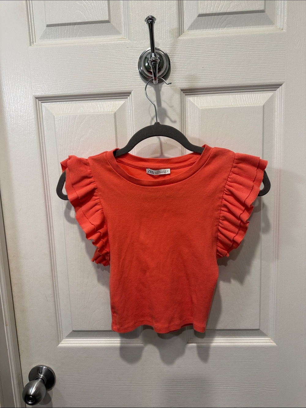Zara Bright Coral Ruffle Sleeve Tee!